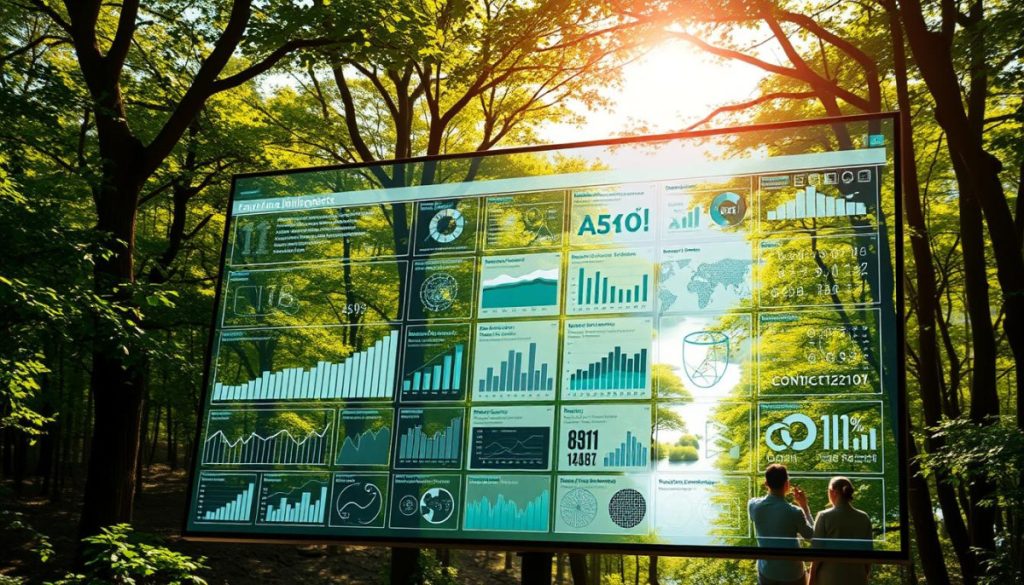 A Detailed, Data-Driven Environmental Impact Analysis Of Artificial Intelligence Systems, Showcased Against A Serene Backdrop Of A Lush, Verdant Forest. Crisp Sunlight Filters Through The Canopy, Casting Warm, Dappled Illumination On The Scene. In The Foreground, A Sleek, High-Resolution Display Presents A Comprehensive Visualization Of Ai'S Carbon Footprint, Its Energy Consumption, And Its Environmental Implications. Intricate Graphs, Charts, And Infographics Convey The Complexities Of This Crucial Issue With Striking Clarity. The Mid-Ground Features A Team Of Researchers And Sustainability Experts, Their Expressions Thoughtful As They Pore Over The Data. In The Distance, A Tranquil River Winds Through The Landscape, Underscoring The Delicate Balance Between Technology And Nature That Must Be Addressed.