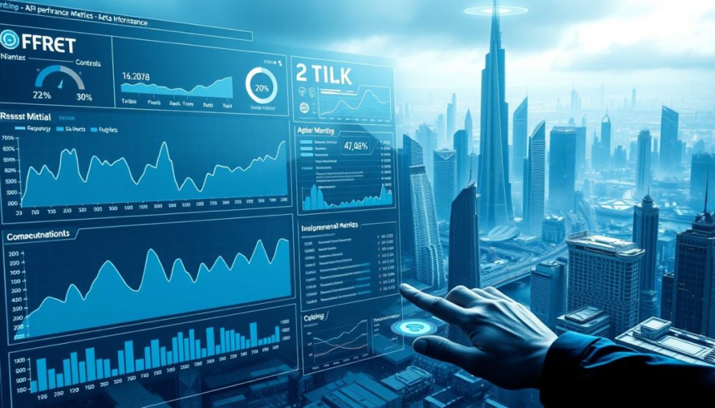 A Detailed, Futuristic Data Visualization Dashboard Showcasing A Range Of Api Performance Metrics. The Foreground Features Sleek, Minimalist Graphs, Charts, And Statistical Visualizations In Shades Of Blues, Grays, And Whites, Presented On A Seamless, High-Resolution Display. The Middle Ground Shows A Sophisticated, Holographic Control Interface With Precise, Touch-Based Controls And Data Manipulation Tools. The Background Depicts A Vast, Expansive Cityscape Of Towering, Ultra-Modern Skyscrapers And Infrastructure, Bathed In A Cool, Atmospheric Lighting And Hazy, Dystopian Ambiance, Suggesting A Technologically Advanced, Interconnected World.