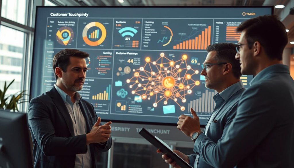 A Detailed, Hyperrealistic Illustration Of A Customer Journey Touchpoints Analysis. Set In A Modern Office Environment, With A Large Digital Dashboard Display Showcasing Various Touchpoint Metrics And Visualizations. The Foreground Features A Team Of Analysts Intently Studying The Data, Their Expressions Focused And Engaged. The Middle Ground Shows A Complex Network Of Customer Interactions, Represented By Glowing Data Streams And Icons. The Background Subtly Suggests The Broader Business Context, With Hints Of Corporate Branding And Architectural Details. Crisp Lighting, High Depth Of Field, And A Muted Color Palette Convey A Sense Of Professionalism And Analytical Rigor. The Overall Scene Emphasizes The Importance Of Understanding The Critical Touchpoints In The Customer Journey For An Effective Pr Strategy.