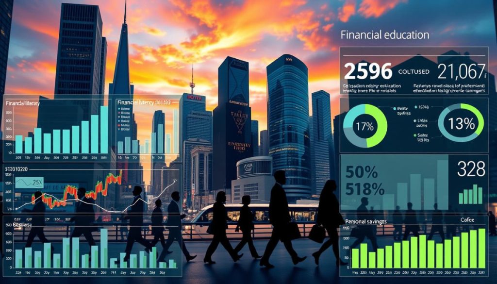 A Detailed, Hyperrealistic Infographic Depicting Financial Education Statistics, Visualized Against A Backdrop Of A Modern Urban Cityscape. The Foreground Showcases A Series Of Meticulously Rendered Data Visualizations, Including Bar Charts, Line Graphs, And Pie Charts, Displaying Key Metrics On Financial Literacy Levels, Investment Patterns, And Personal Savings Rates. The Middle Ground Features Silhouettes Of People Navigating The City, Representing The Target Audience For Financial Education Campaigns. The Background Consists Of Sleek Skyscrapers, Bustling Streets, And A Vibrant, Colorful Sky, Conveying A Sense Of Progress, Growth, And The Importance Of Financial Knowledge In A Complex, Fast-Paced World. The Overall Mood Is One Of Informative Clarity, Data-Driven Insights, And The Empowerment Of Individuals To Take Control Of Their Financial Futures.