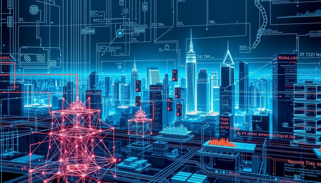 A Detailed Technical Schematic Depicting Ai-Generated Text Analysis, Showcasing A Complex Network Of Interlocking Algorithms And Data Flows. In The Foreground, A Sophisticated Neural Network Model Processes Reams Of Textual Input, While In The Middle Ground, A Series Of Visualization Tools Render The Analytical Results In Vivid Detail. The Background Features A Futuristic Cityscape Of Gleaming Skyscrapers And Towering Data Centers, All Bathed In A Cool, Bluish Hue Evocative Of The Digital Realm. The Overall Scene Conveys A Sense Of Cutting-Edge Technology, Rigorous Analysis, And The Ever-Evolving Nature Of Artificial Intelligence.