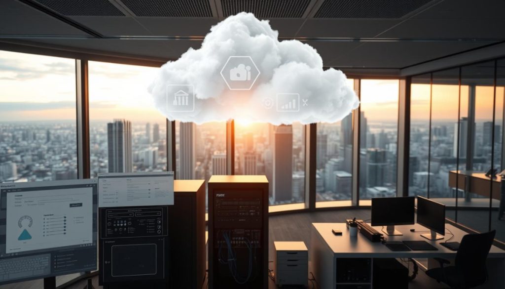 A Digital Cloud Platform Floating Above A Sleek, Modern Office Interior. In The Foreground, Various Customization Tools And Configuration Panels Are Displayed, Allowing For Precise Control Over The Cloud Infrastructure. The Middle Ground Features Servers, Cables, And Other Hardware Components Seamlessly Integrated Into The Workspace. In The Background, A Panoramic Window Overlooking A Bustling City Skyline, Bathed In Warm, Golden Hour Lighting. The Overall Atmosphere Exudes A Sense Of Technological Sophistication, Productivity, And The Seamless Integration Of Cloud-Based Solutions Within A Professional Business Environment.