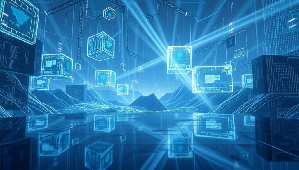 A Digital Landscape Where Synthetic Media And Trust Coexist In A Delicate Balance. Floating Data Cubes And Holographic Displays Create An Immersive, Futuristic Environment. Subtle Glitches And Distortions Hint At The Fragility Of Digital Integrity. Beams Of Light Converge, Representing The Interconnectedness Of Information And The Need For Robust Security Measures. In The Foreground, A Reflective Surface Mimics The User'S Presence, Blurring The Line Between Reality And Simulation. The Overall Mood Is One Of Contemplation, A Cautionary Tale Of The Evolving Challenges In Maintaining Digital Trust.