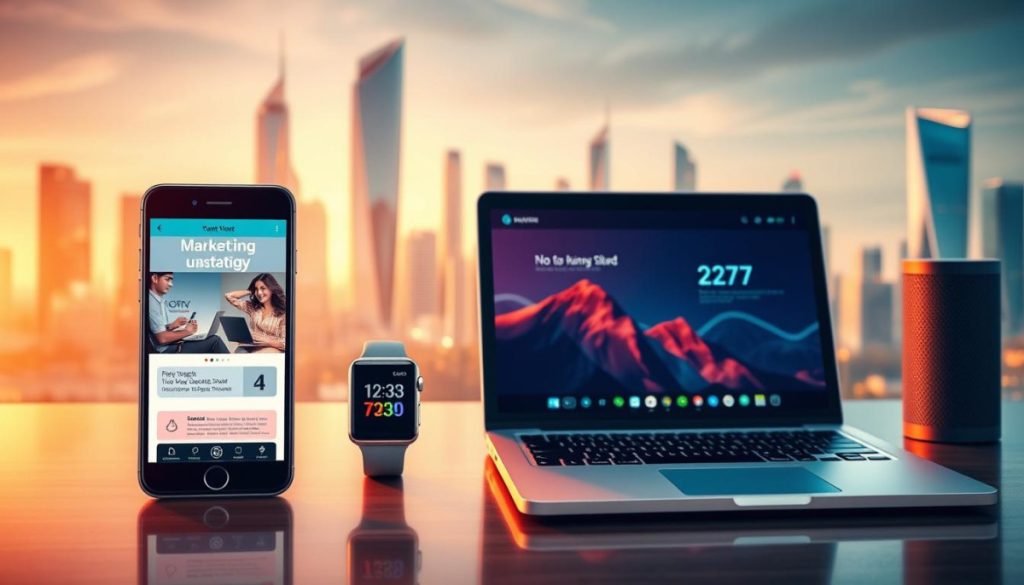 A Digital Marketing Strategy Unfolding Across Multiple Interconnected Devices. In The Foreground, A Smartphone, Tablet, And Laptop Display Coordinated Visual Assets And Campaign Elements. The Middle Ground Features A Smartwatch And Smart Speaker, Seamlessly Integrated Into The Overall Experience. The Background Showcases A Futuristic Cityscape With Sleek, High-Rise Buildings, Suggesting A Technologically-Advanced, Connected Environment. Warm, Saturated Hues Create A Vibrant, Engaging Atmosphere, While Crisp, High-Resolution Rendering Captures The Precision And Sophistication Of A Cohesive, Multi-Device Marketing Campaign. A Digital Marketing Strategy Unfolding Across Multiple Interconnected Devices. In The Foreground, A Smartphone, Tablet, And Laptop Display Coordinated Visual Assets And Campaign Elements. The Middle Ground Features A Smartwatch And Smart Speaker, Seamlessly Integrated Into The Overall Experience. The Background Showcases A Futuristic Cityscape With Sleek, High-Rise Buildings, Suggesting A Technologically-Advanced, Connected Environment. Warm, Saturated Hues Create A Vibrant, Engaging Atmosphere, While Crisp, High-Resolution Rendering Captures The Precision And Sophistication Of A Cohesive, Multi-Device Marketing Campaign.