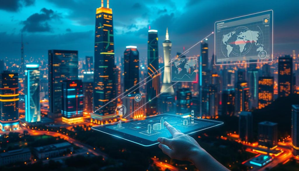 A Digital Metropolis Taking Shape, Towering Skyscrapers Of Data And Algorithms Merge Seamlessly With The Natural Landscape. Vibrant Hues Of Blues, Greens, And Golds Cast A Warm Glow, Illuminating The Intricate Web Of Interconnected Systems That Power The Digital Customer Experience. In The Foreground, A Holographic Interface Shimmers, Responsive To The Touch Of A Discerning User, Offering A Seamless, Personalized Interaction. Floating Data Visualizations Provide Real-Time Insights, Guiding The Customer'S Journey Through This Digitally-Augmented Reality. The Scene Exudes A Sense Of Technological Harmony, Where Human And Machine Coexist In Perfect Symbiosis, Ushering In A New Era Of Business Transformation.