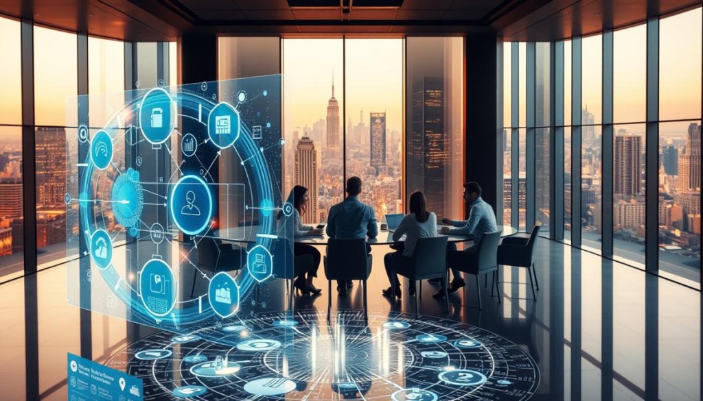 A Digital Transformation Framework In A Sleek, Modern Office Setting. The Foreground Features A Large, Holographic Display Showcasing Interconnected Digital Elements And Data Visualizations. The Middle Ground Has Team Members Collaborating Around A Curved, Glass Conference Table, Their Faces Illuminated By The Glow Of The Display. The Background Comprises Floor-To-Ceiling Windows Overlooking A Vibrant City Skyline, Bathed In Warm, Soft Lighting. The Scene Conveys A Sense Of Innovation, Technology, And Seamless Integration Of Digital Processes Within An Empathetic, Human-Centered Work Environment.