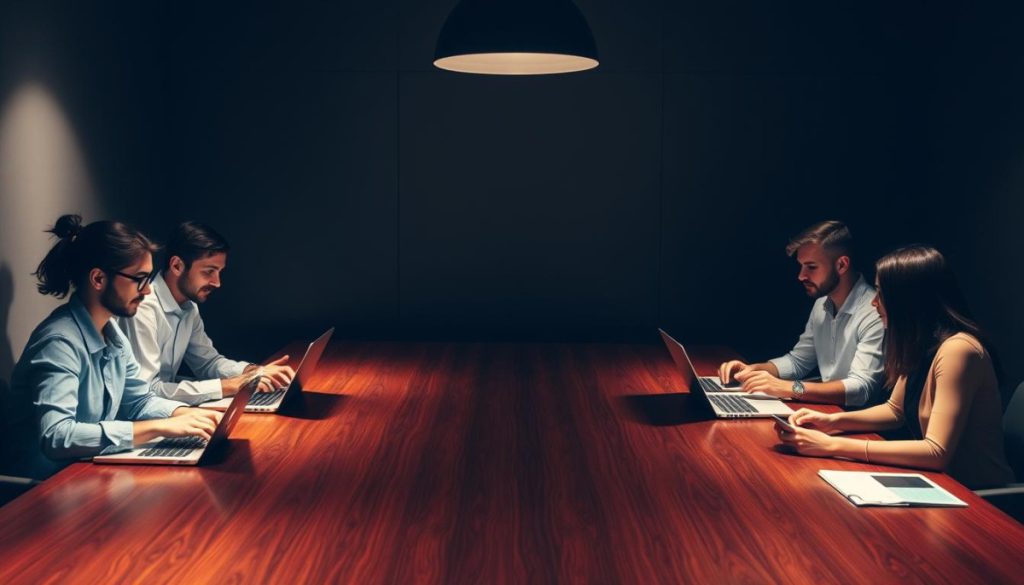 A Dimly Lit Conference Room With A Large, Polished Wood Table. Scattered Around The Table Are Several Personas, Each Representing A Distinct Audience Segment - A Tech-Savvy Millennial, A Busy Suburban Parent, A Retired Executive, And A Creative Freelancer. They Are Engaged In Animated Discussion, Their Faces Illuminated By The Soft Glow Of Laptops And Tablets. The Atmosphere Is One Of Serious Contemplation, As If They Are Carefully Analyzing Data And Insights To Better Understand Their Target Audiences. Soft Shadows Play Across The Walls, Conveying A Sense Of Depth And Introspection. The Overall Mood Is One Of Thoughtful Inquiry, With A Touch Of Professional Curiosity.