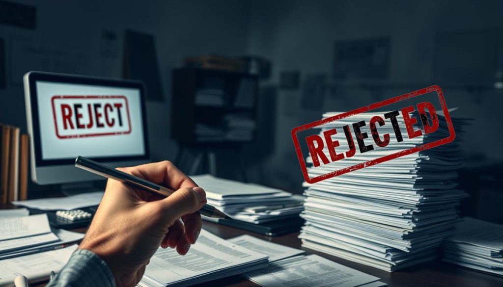 A Dimly Lit Office, Papers And Files Strewn Across A Cluttered Desk. A Computer Screen Flickers, Displaying A Large &Quot;Rejected&Quot; Stamp. In The Foreground, A Frustrated Hand Grasps A Pen, Ready To Resubmit Content For Approval. The Middle Ground Reveals A Growing Stack Of Rejected Documents, Each One A Testament To The Labyrinth Of Content Verification. The Background Is Hazy, Casting An Ominous Atmosphere, Hinting At The Unseen Obstacles And Miscommunications That Plague The Process. The Scene Conveys The Sense Of A Rigorous, Bureaucratic System That Often Fails To Keep Pace With The Rapid Flow Of Online Information, Leading To The Inadvertent Spread Of Misinformation.