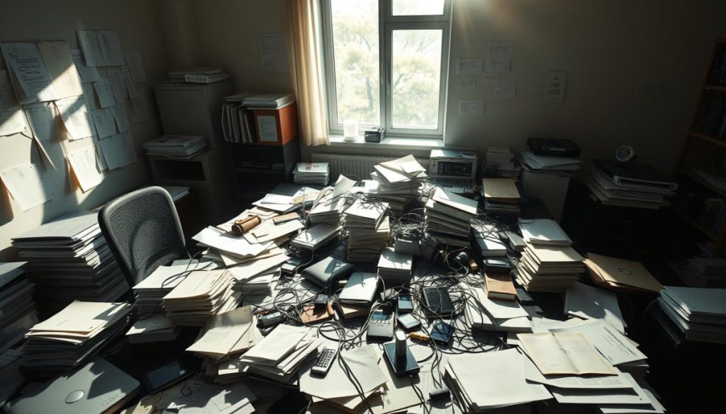 A Dimly Lit Office Space, With Piles Of Papers, Scattered Files, And An Array Of Electronic Devices Scattered Across An Cluttered Desk. Sunlight Streams In Through A Window, Casting Long Shadows And Creating A Sense Of Depth And Dimension. The Desk Is Overflowing With A Chaotic Assortment Of Data Sources - Handwritten Notes, Printouts, And A Tangle Of Cords Connecting Laptops, Tablets, And Smartphones. The Scene Conveys The Overwhelming Nature Of Unstructured Data, Highlighting The Need For Comprehensive Analysis And Organizational Strategies To Harness Its Business Potential. The Image Should Have A Sense Of Realism, With Attention To Details Such As Lighting, Texture, And The Subtle Imperfections That Characterize A Real-World Workspace.