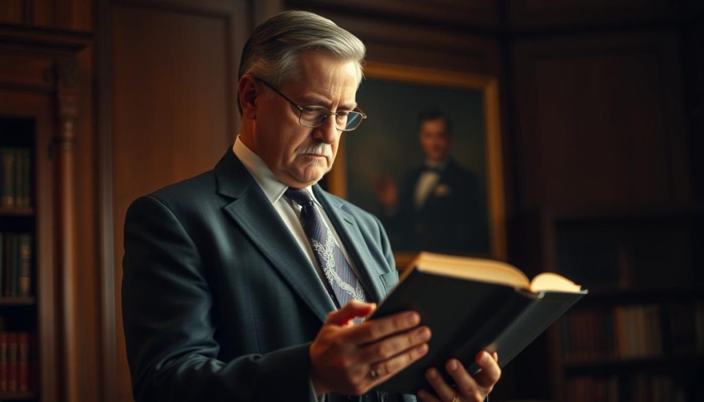 A Distinguished, Authoritative Figure Stands In A Stately Office, Gazing Intently At A Book. Warm, Directional Lighting Illuminates The Scene, Casting Subtle Shadows That Accentuate The Subject'S Features. The Background Is A Tasteful Mix Of Wood Tones And Muted Colors, Exuding An Air Of Professionalism And Intellectual Gravitas. The Lens Has A Shallow Depth Of Field, Keeping The Focus On The Central Figure And Creating A Sense Of Depth And Visual Interest. The Overall Mood Is One Of Focused Expertise, Commanding Presence, And A Deep Understanding Of The Subject Matter.