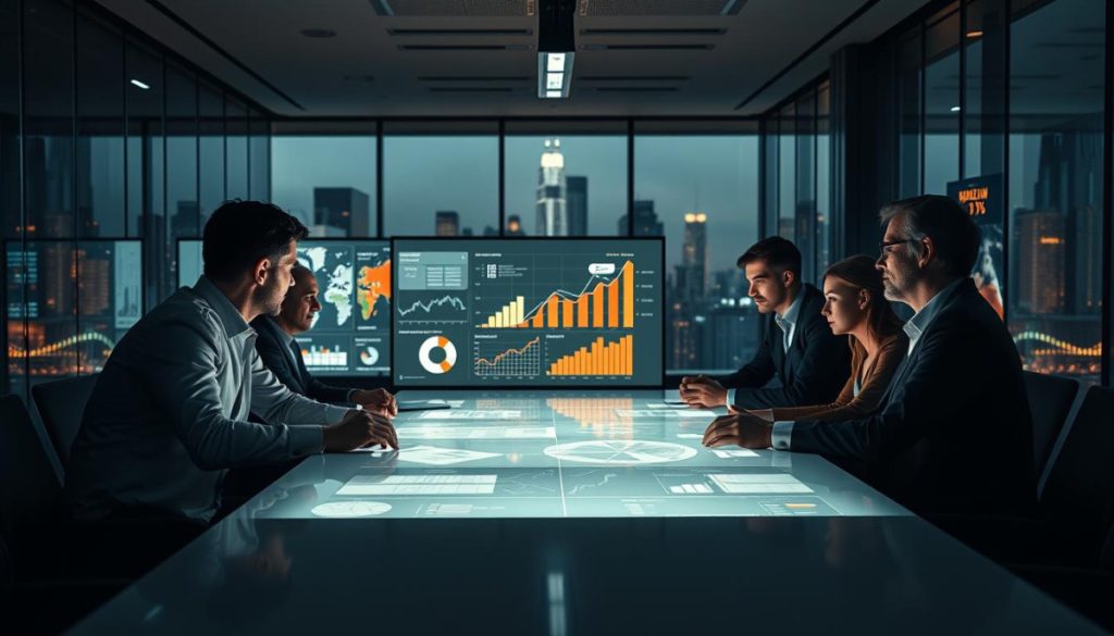 A Dramatic And Cinematic Scene Of Enterprise Growth Strategies In Action. In The Foreground, A Team Of Determined Business Executives Gathered Around A Sleek, Minimalist Conference Table, Their Faces Illuminated By The Warm Glow Of A Large Screen Displaying Intricate Data Visualizations And Financial Projections. In The Middle Ground, The Backdrop Is A Modern, Glass-Walled Office Space, With The City Skyline Visible Through The Windows, Conveying A Sense Of Urban Sophistication And Opportunity. The Lighting Is A Balanced Mix Of Directional Task Lighting And Softer, Ambient Illumination, Creating Depth And Drama. The Overall Mood Is One Of Focused Intensity, Innovation, And The Promise Of Exponential Growth.