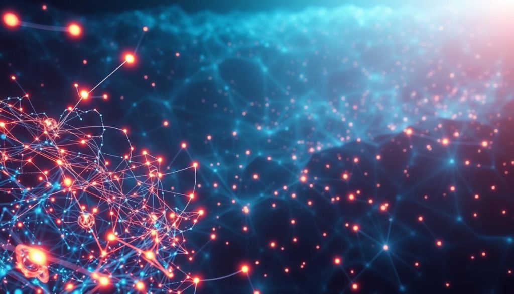 A Dramatic Evolution Of Neural Network Architectures, With Intricate Connections And Pulsing Nodes Illuminated In An Otherworldly Glow. In The Foreground, A Swirling Vortex Of Neural Activations, Their Paths Traced By Shimmering Lines Of Energy. The Middle Ground Reveals The Fractal-Like Branching Of Hidden Layers, Each Neuron A Luminescent Orb. The Background Fades Into A Vast, Nebulous Expanse, Hinting At The Boundless Potential Of This Computational Ecosystem. The Scene Is Bathed In A Cool, Blue-Tinted Light, Creating A Sense Of Technological Mystique And Scientific Grandeur. Captured With A Wide-Angle Lens To Showcase The Scale And Complexity Of This Neural Network Evolution.