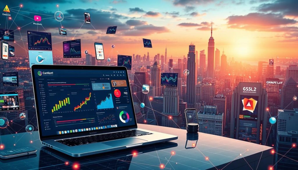 A Dynamic And Vibrant Digital Landscape, Showcasing Cutting-Edge Examples Of Content Optimization. In The Foreground, A Sleek Laptop Displays A Visually Captivating Dashboard, With Colorful Charts, Graphs, And Analytics Data. Surrounding It, A Myriad Of Digital Devices, From Smartphones To Tablets, Each Showcasing Optimized Web Pages, Social Media Posts, And Email Campaigns. The Middle Ground Is Filled With A Network Of Interconnected Data Streams, Pulsing With Insights And Metrics. In The Background, A Skyline Of Futuristic Cityscapes, Bathed In Warm, Diffused Lighting, Symbolizing The Transformative Power Of Ai-Driven Content Optimization. The Overall Mood Is One Of Innovation, Efficiency, And The Seamless Integration Of Technology Into Modern Digital Marketing Strategies.