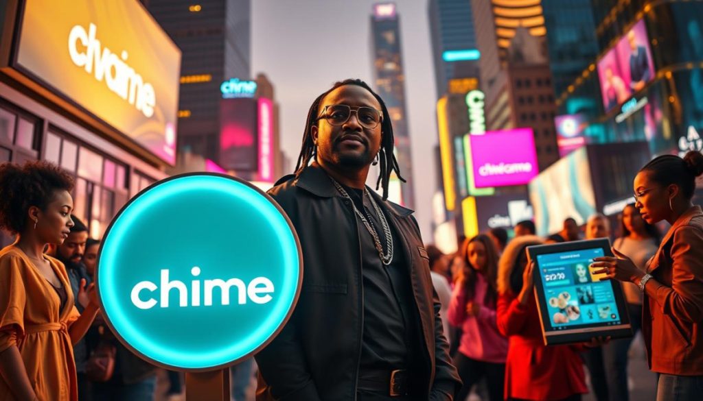 A Dynamic, Cinematic Scene Depicting Chime And T-Pain Collaborating On A Vibrant Financial Education Campaign. In The Foreground, T-Pain Stands Confidently, His Expressive Features And Stylish Attire Commanding Attention. Beside Him, A Chime Logo Glows With A Sleek, Modern Aesthetic. In The Middle Ground, A Crowd Of Diverse Individuals Engages With Interactive Displays, Learning About Personal Finance. The Background Showcases A Contemporary Urban Setting, With Skyscrapers And Neon Signage Creating An Energetic, Tech-Forward Atmosphere. Warm Lighting Bathes The Scene, Conveying A Sense Of Optimism And Progress. The Overall Composition And Attention To Detail Evoke A Polished, Impactful Marketing Campaign That Effectively Communicates The Partnership'S Mission Of Improving Financial Literacy.