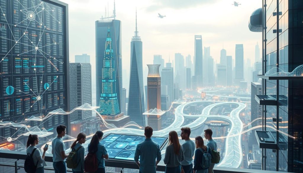 A Dynamic Cityscape Of The Future, Where Data Streams Flow Like Luminous Rivers, Visualized Through Intricate Holograms And Interactive Displays. In The Foreground, A Group Of Students And Educators Collaborate Around A Floating Dashboard, Analyzing Patterns And Insights That Guide Personalized Learning Experiences. The Middle Ground Features A Towering Data Center, Its Servers Pulsing With The Rhythms Of Algorithmic Intelligence. In The Background, A Skyline Of Gleaming Skyscrapers And Floating Platforms, Reflecting The Integration Of Cutting-Edge Technology Into The Fabric Of The Modern Learning Environment. Soft, Diffused Lighting Casts A Warm, Futuristic Glow, Evoking A Sense Of Innovation And Boundless Potential.