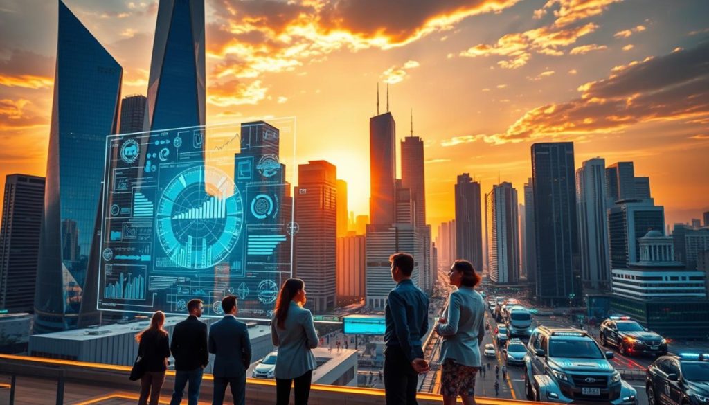 A Dynamic Cityscape With Towering Skyscrapers, Sleek And Angular, Bathed In A Warm, Golden Glow Of The Setting Sun. In The Foreground, A Holographic Display Projects Intricate Data Visualizations, Graphs, And Charts, Signifying The Intersection Of Technology And Business Strategy. Midground Features A Diverse Group Of Professionals, Dressed In Modern Attire, Engaged In Animated Discussions, Collaborating On Various Digital Initiatives. The Background Showcases A Vibrant Urban Landscape, With Seamless Integration Of Autonomous Vehicles, Drones, And Other Futuristic Elements, Symbolizing The Seamless Implementation Of A Successful Digital Transformation. The Overall Atmosphere Exudes A Sense Of Innovation, Productivity, And A Profound Understanding Of How To Harness The Power Of Technology For Strategic Business Growth.