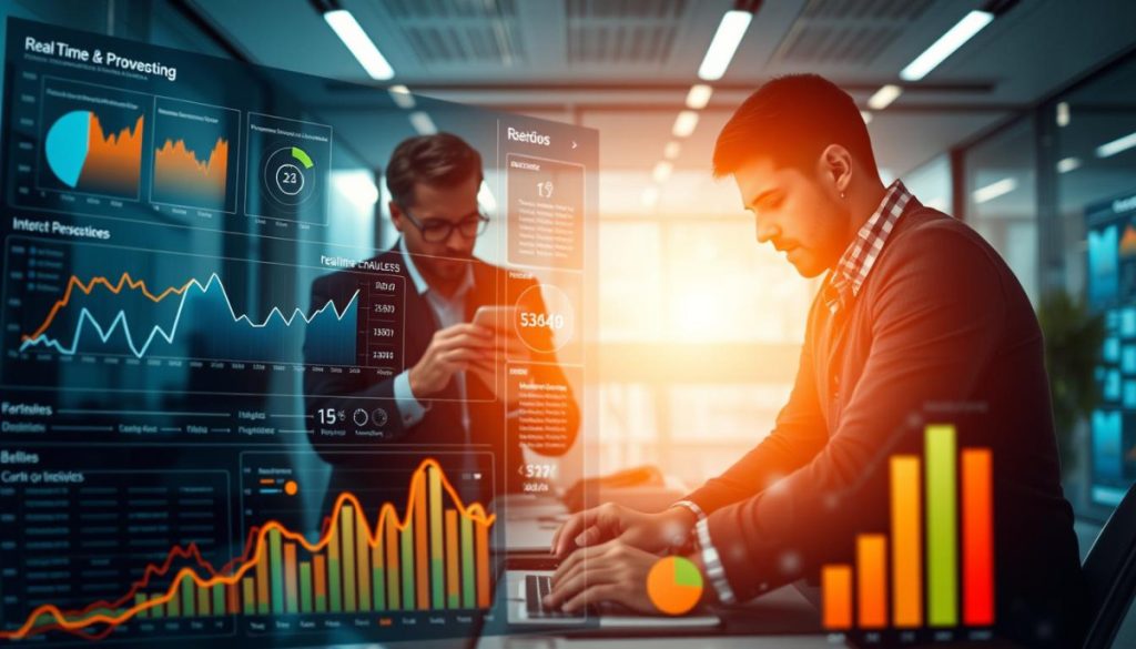 A Dynamic, Data-Driven Visualization Depicting Real-Time Analytics Trends, Illuminating Key Performance Indicators In A Visually Captivating Manner. The Foreground Showcases A Holistic Dashboard, With Intuitive Graphs, Charts, And Interactive Visualizations Displaying Real-Time Insights. The Middle Ground Features A Team Of Data Analysts Immersed In Deep Deliberation, Their Expressions Reflecting The Interpretive Process. The Background Evokes A Sleek, Modern Office Environment With Subtle Lighting And Clean Lines, Setting The Scene For Ai-Powered Decision-Making. The Overall Mood Is One Of Analytical Precision, Technological Sophistication, And A Relentless Pursuit Of Data-Driven Insights.