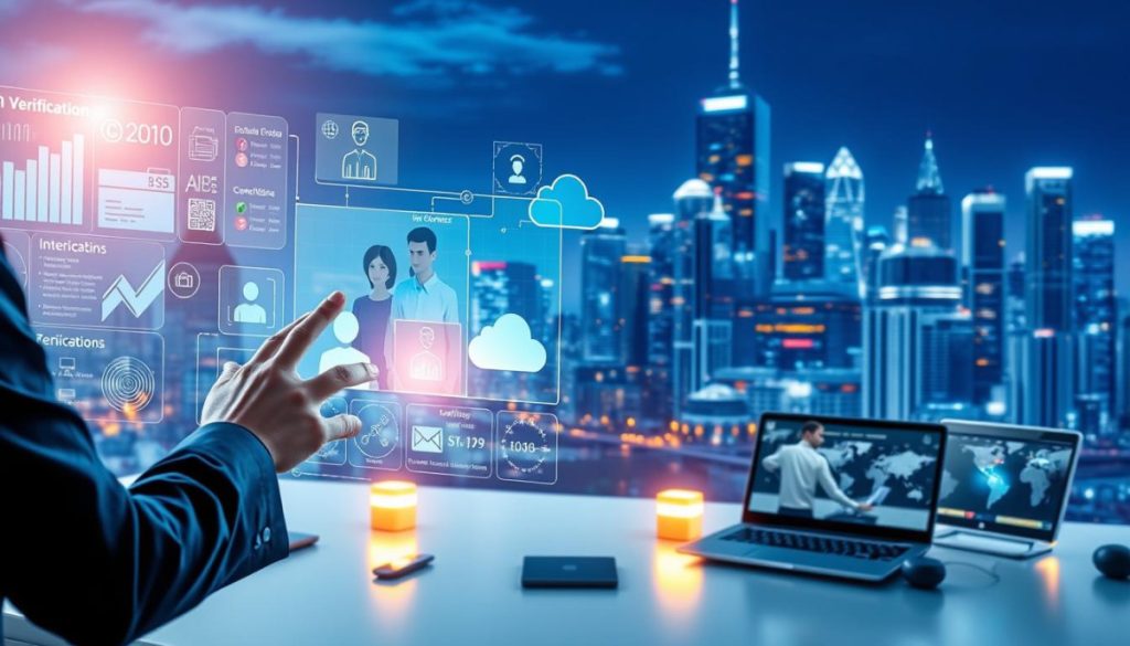 A Dynamic Digital Workspace With Intuitive Interfaces, Seamlessly Blending Data Analytics And Intelligent Automation. In The Foreground, A Person Interacts With A Holographic Display, Manipulating Customer Profiles And Verification Documents With Fluid Hand Gestures. The Middle Ground Features An Array Of Sleek Devices And Cloud-Connected Services, Symbolizing The Integration Of Digital Technologies. In The Background, A Cityscape Backdrop With Towering Skyscrapers And Glowing Data Networks, Representing The Scale And Complexity Of Modern Customer Experience Platforms. Lighting Is Sharp, With Strategic Use Of Color Accents To Convey A Sense Of Efficiency And Innovation. The Overall Atmosphere Is One Of Technological Sophistication And Customer-Centric Transformation.