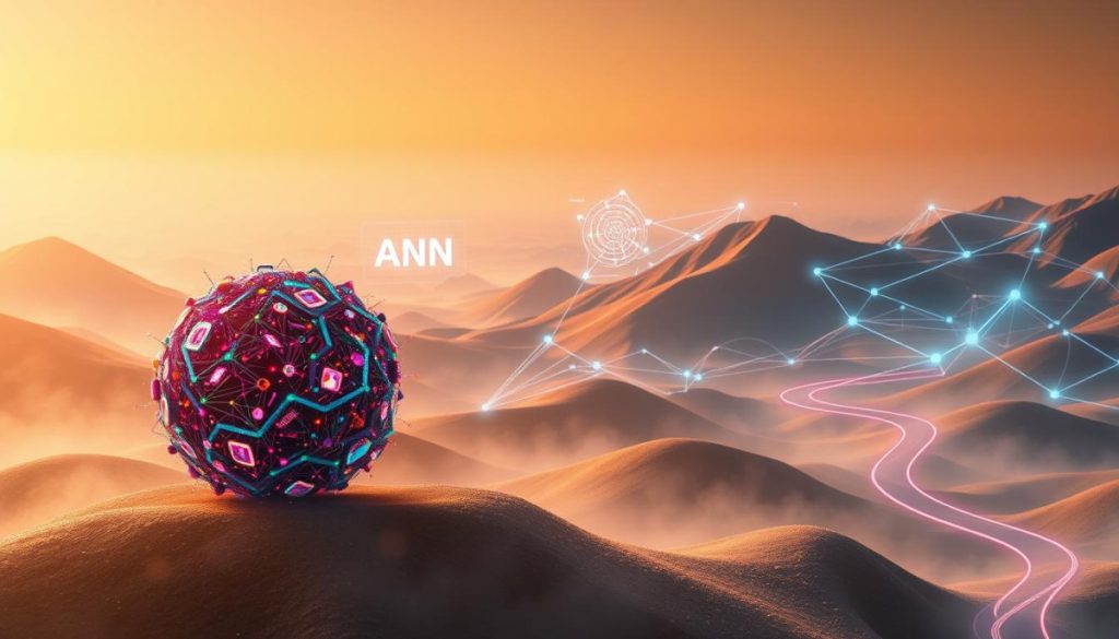 A Dynamic, Futuristic Landscape Depicting The Evolution Of Vector Search Techniques. In The Foreground, A Spherical Data Cluster Pulsates With Vivid Energy, Representing The Complex Algorithms At The Heart Of Ann. The Midground Features Sleek, Holographic Data Visualizations, Their Elegant Lines Guiding The Eye Through The Digital Transformation. In The Background, A Network Of Interconnected Nodes And Pathways Suggests The Interconnected, Ever-Evolving Nature Of Modern Information Systems. Warm, Diffused Lighting Creates A Sense Of Depth And Dimensionality, While A Subtle Haze Lends An Air Of Mystery And Innovation. The Overall Composition Conveys The Power, Precision, And Adaptability Of Vector Search Techniques In The Digital Landscape.