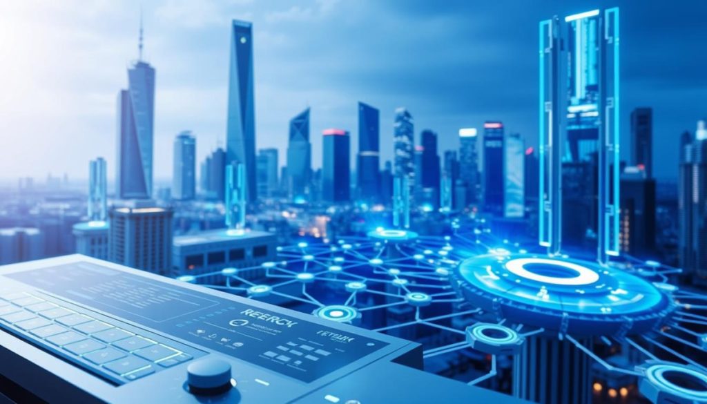 A Dynamic, High-Tech Business Workflow Solution, Showcasing Seamless Integration Of Cutting-Edge Artificial Intelligence. In The Foreground, A Sleek, Minimalist User Interface With Intuitive Controls And Real-Time Data Visualizations. In The Middle Ground, A Mesh Of Interconnected Gears And Circuits, Symbolizing The Intelligent Automation Powering The Workflow. The Background Features A Futuristic Cityscape, With Towering Skyscrapers And Glowing Holographic Displays, Conveying The Enterprise-Level Scale And Sophistication. Lit By Cool, Directional Lighting That Accentuates The Clean, Futuristic Aesthetic. Captured With A Wide-Angle Lens To Emphasize The Comprehensive, Integrated Nature Of The Solution.