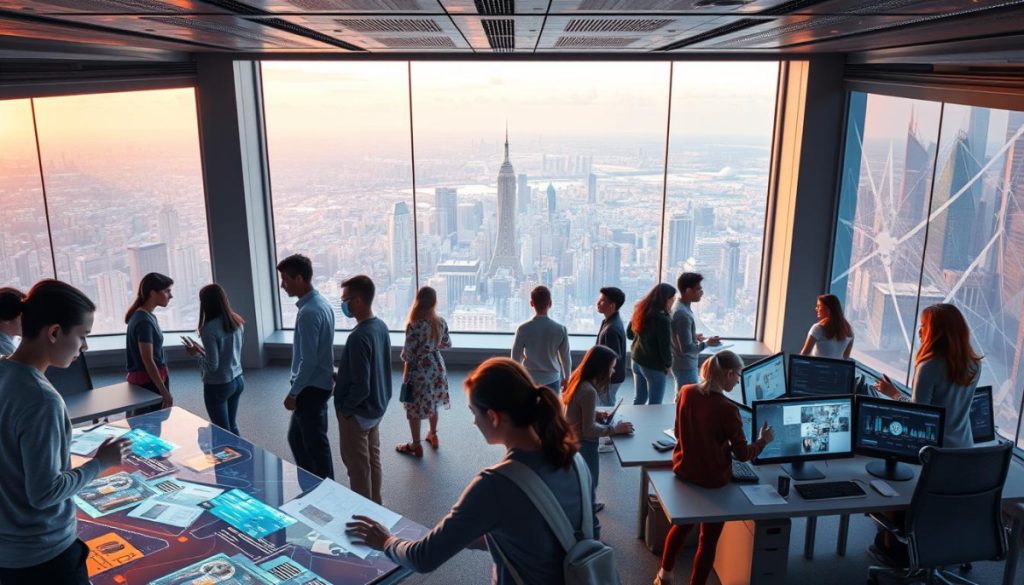 A Futuristic And Visually Striking Multimodal Learning Environment. In The Foreground, A Group Of Diverse Learners Interact With Holographic Displays, Utilizing Touch, Voice, And Gesture Controls To Access A Wealth Of Interactive Learning Content. The Middle Ground Features Sleek, Minimalist Workstations With Multiple Screens, Where Learners Collaborate On Projects. In The Background, A Panoramic Window Reveals A Sprawling Cityscape, Bathed In A Warm, Natural Light That Filters Through. The Atmosphere Is One Of Technological Sophistication, Intellectual Engagement, And A Sense Of Innovation Driving The Future Of Education.