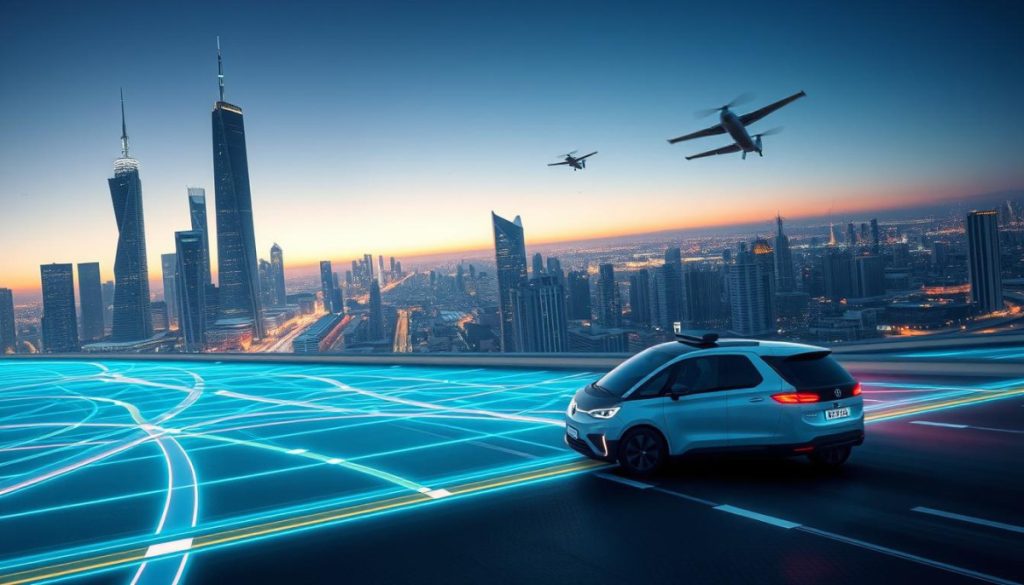 A Futuristic Cityscape At Dusk, Illuminated By The Glow Of Holographic Route Planning Interfaces. In The Foreground, A Sleek Self-Driving Delivery Vehicle Navigates A Complex Network Of Color-Coded Paths, Guided By An Ai-Powered Algorithm That Optimizes Efficiency And Traffic Flow. The Middle Ground Features Towering Skyscrapers With Minimalist Architecture And Glowing Windows, While The Background Showcases A Sprawling Metropolis With Flying Cars And Advanced Transportation Infrastructure. The Scene Exudes A Sense Of Technological Sophistication And Seamless Integration Of Autonomous Systems, Capturing The Essence Of Ai-Driven Route Planning For Business Growth.