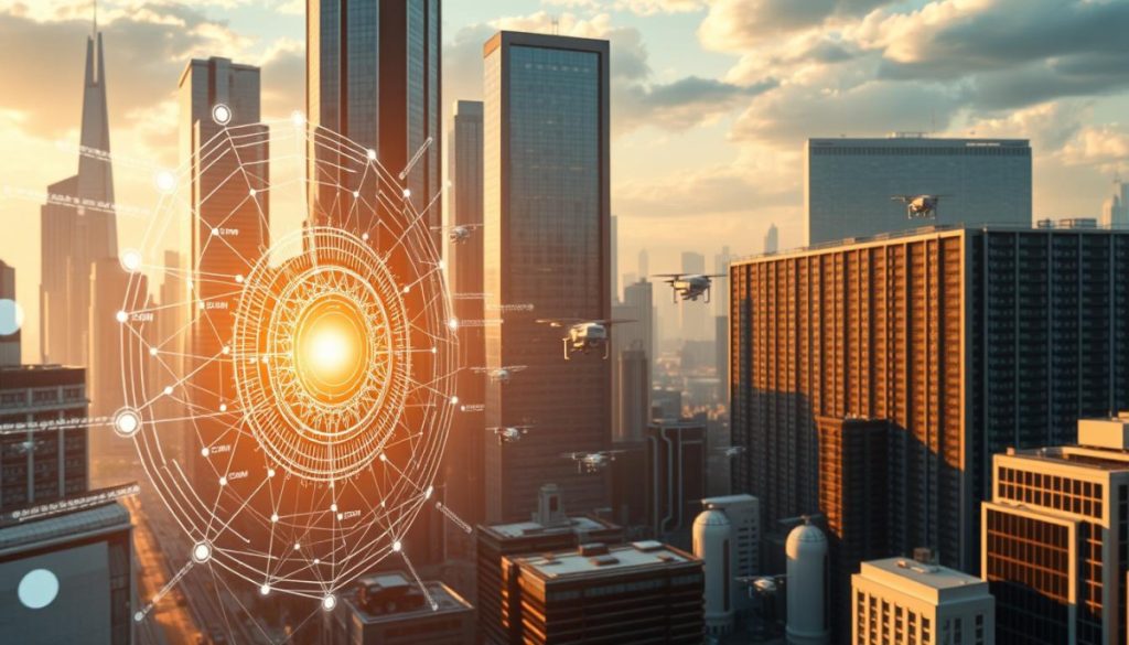 A Futuristic Cityscape Bathed In A Warm, Golden Glow, With Towering Skyscrapers And Sleek, Hovering Vehicles. In The Foreground, A Sleek, Holographic Interface Displays Intricate Data Visualizations, Representing The Convergence Of Artificial Intelligence And Serverless Computing. Intricate Lines Of Code And Algorithmic Patterns Swirl Around The Interface, Creating A Sense Of Technological Sophistication And Progress. The Middle Ground Features Robotic Drones And Autonomous Delivery Systems, Seamlessly Integrating With The Urban Infrastructure. In The Background, A Vast Data Center Looms, Its Servers Humming With The Processing Power Needed To Power This Digital Transformation. The Scene Conveys A Sense Of Innovation, Efficiency, And The Seamless Integration Of Technology Into Everyday Life.