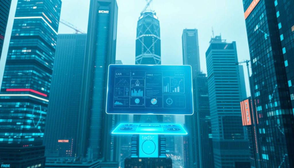 A Futuristic Cityscape With Towering Skyscrapers Adorned With Holographic Displays, Showcasing The Latest Digital Transformation Strategies. In The Foreground, A Sleek, Minimalist Interface Hovers In Mid-Air, Pulsing With Data Visualizations And Interactive Controls. The Background Is Bathed In A Cool, Neon-Infused Lighting, Creating A Sense Of Technological Innovation And Progress. The Scene Is Captured Through A High-Resolution, Wide-Angle Lens, Highlighting The Scale And Complexity Of The Digital Transformation Landscape.