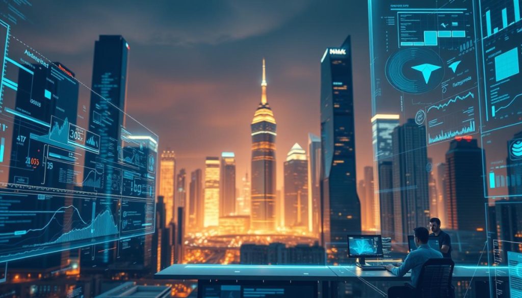 A Futuristic Cityscape With Towering Skyscrapers And Glowing Holographic Displays Showcasing A Complex Data Visualization Process. In The Foreground, A Sleek, Transparent Interface With Fluid Data Streams And Interactive Controls. In The Middle Ground, A Team Of Analysts In High-Tech Workstations, Immersed In The Insights Unfolding Before Them. The Background Bathed In A Warm, Diffused Lighting, Creating A Sense Of Depth And Technological Advancement. The Overall Scene Conveys A Harmonious Balance Between Human And Artificial Intelligence, Where Data-Driven Decisions Emerge From A Seamless Augmented Insights Process.
