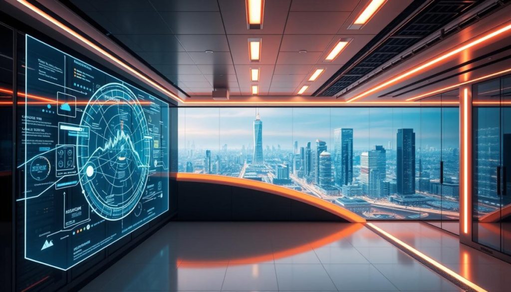 A Futuristic Data Center With Sleek, Minimalist Architecture, Bathed In Soft, Warm Lighting. In The Foreground, A Holographic Display Showcases Intricate Data Visualizations, Pulsing With Real-Time Insights. The Middle Ground Features High-Performance Servers, Interconnected By A Web Of Glowing Fiber Optic Cables. In The Background, A Panoramic View Of A Bustling, Technologically-Advanced Cityscape, Symbolizing The Integration Of Data-Driven Strategies Into The Fabric Of Modern Business. The Scene Conveys A Sense Of Innovation, Efficiency, And The Seamless Fusion Of Technology And Entrepreneurship.