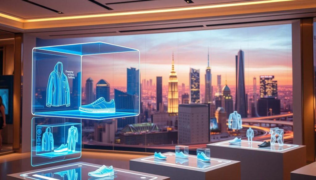 A Futuristic, High-Tech Display Of Cutting-Edge Augmented Reality Brand Experiences. In The Foreground, A Sleek, Holographic Product Presentation Hovers In Mid-Air, Showcasing The Latest Ar-Powered Merchandise. The Middle Ground Features Several Ar-Enhanced Product Visualizations, Allowing Customers To Interact With Lifelike Digital Models. In The Background, A Visually Stunning Cityscape Serves As The Backdrop, With Skyscrapers And Infrastructure Seamlessly Blending Physical And Digital Elements. Soft, Warm Lighting Illuminates The Scene, Creating A Visually Stunning And Immersive Ar Brand Showcase. The Overall Mood Is One Of Innovation, Technology, And The Boundless Possibilities Of Augmented Reality In Modern Marketing. A Futuristic, High-Tech Display Of Cutting-Edge Augmented Reality Brand Experiences. In The Foreground, A Sleek, Holographic Product Presentation Hovers In Mid-Air, Showcasing The Latest Ar-Powered Merchandise. The Middle Ground Features Several Ar-Enhanced Product Visualizations, Allowing Customers To Interact With Lifelike Digital Models. In The Background, A Visually Stunning Cityscape Serves As The Backdrop, With Skyscrapers And Infrastructure Seamlessly Blending Physical And Digital Elements. Soft, Warm Lighting Illuminates The Scene, Creating A Visually Stunning And Immersive Ar Brand Showcase. The Overall Mood Is One Of Innovation, Technology, And The Boundless Possibilities Of Augmented Reality In Modern Marketing.