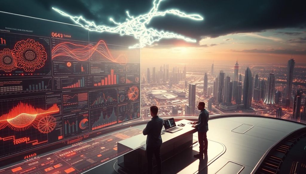 A Futuristic, Highly Detailed Digital Landscape Showcasing The Powerful Capabilities Of A Cutting-Edge Ai Model. In The Foreground, A Holographic Display Presents An Array Of Intricate Data Visualizations, Analytics, And Complex Neural Networks, All Pulsing With An Ethereal Glow. The Middle Ground Features A Sleek, Minimalist Control Console Manned By A Team Of Researchers, Their Expressions Intense As They Harness The Model'S Capabilities. In The Background, A Vast, Expansive Skyline Of Gleaming Skyscrapers And Advanced Infrastructure Stretches Out, Hinting At The Transformative Impact Of This Ai Technology. Dramatic Lighting Casts Dramatic Shadows, Creating A Sense Of Depth And Grandeur. The Overall Mood Is One Of Innovation, Precision, And The Boundless Potential Of Artificial Intelligence.
