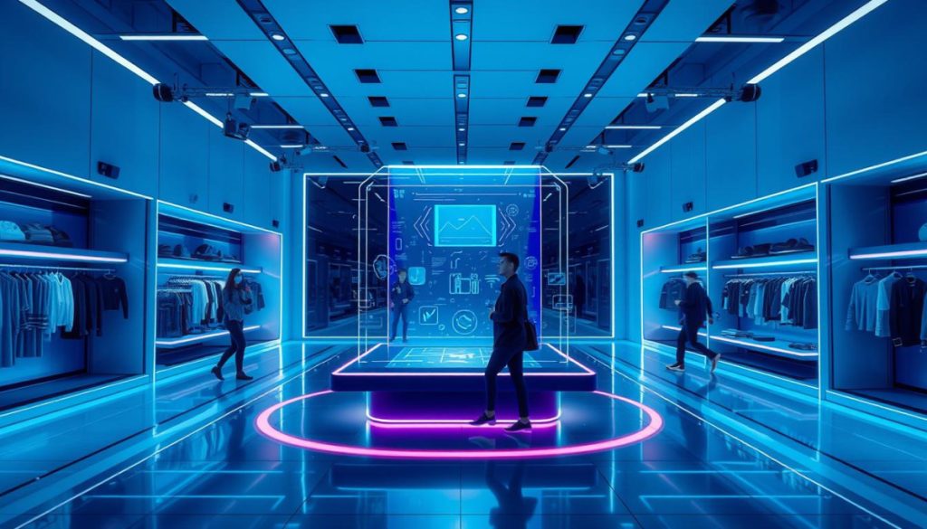 A Futuristic Scene Depicting The Latest Customer Engagement Technology In A Sleek, Minimalist Retail Setting. At The Center, A Holographic Display Projects Interactive Product Information, Allowing Customers To Virtually Interact With Merchandise. Surrounding The Display, A Array Of Sensors And Cameras Track Customer Movement And Engagement, Delivering Real-Time Analytics To Optimize The Shopping Experience. The Space Is Bathed In A Cool, Blue-Tinted Lighting, Creating A Calming, High-Tech Ambiance. The Overall Composition Conveys A Sense Of Seamless Technological Integration, Showcasing The Power Of Ai-Driven Retail Solutions To Enhance Customer Satisfaction.