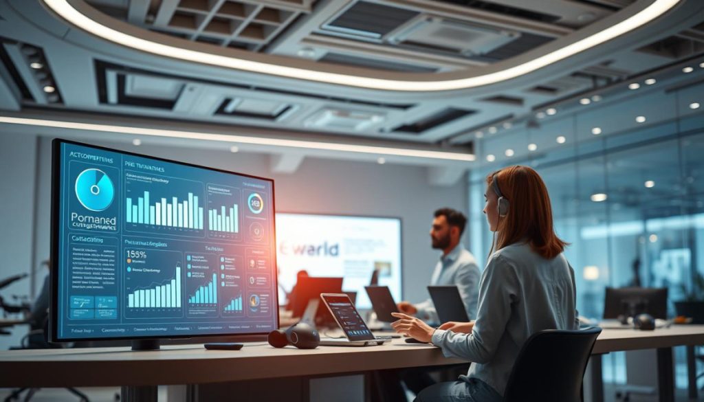 A Futuristic, Technologically-Advanced Office Setting Where Ai-Powered Customer Engagement Tools Seamlessly Integrate With A Team Of Highly-Focused Marketing Professionals. The Foreground Features A Large Interactive Display Showcasing Customer Data Analytics And Personalized Recommendations. In The Middle Ground, An Array Of Smart Devices And Virtual Assistants Facilitate Real-Time Customer Interactions, While The Background Depicts A Sleek, Minimalist Workspace Filled With Subtle Ambient Lighting And Clean Design. The Overall Atmosphere Conveys A Sense Of Efficiency, Innovation, And A Deep Understanding Of Customer Needs, Creating A Harmonious Blend Of Human Expertise And Ai-Enhanced Capabilities.