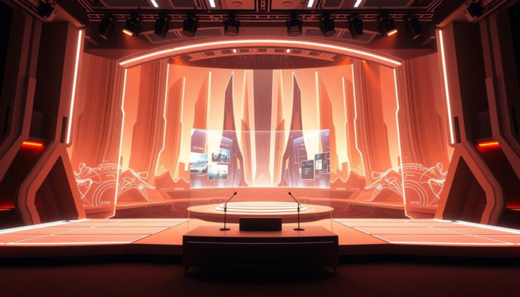 A Futuristic Virtual Event Platform, With A Sleek And Minimalist Design. The Foreground Features A Podium And Microphones, Ready For A Presenter To Take The Stage. The Middle Ground Showcases A Vast, Expansive Virtual Space, With Holographic Screens And Interactive Elements. The Background Is Filled With Towering, Abstract Architectural Structures, Bathed In Warm, Soft Lighting That Creates A Sense Of Depth And Dimension. The Overall Atmosphere Is One Of Technological Sophistication, Seamlessly Blending The Physical And Digital Realms To Create An Immersive, Professional Setting For A Metaverse Press Conference.