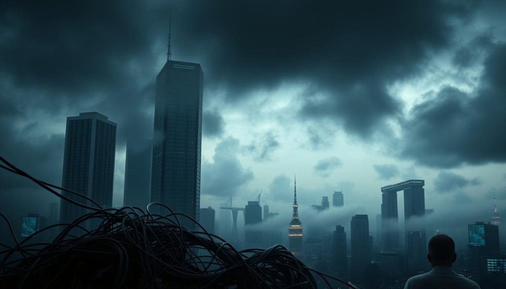 A Gloomy, Dystopian Cityscape With Towering Skyscrapers Shrouded In Ominous Clouds. In The Foreground, A Tangled Web Of Data Cables And Corrupted Digital Displays, Symbolizing The Integrity Concerns Surrounding Biased Ai Systems. The Background Is Hazy And Blurred, Conveying A Sense Of Uncertainty And The Challenges Of Navigating The Complex Ethical Landscape Of Ai In Education. The Lighting Is Harsh, Casting Long Shadows And Creating A Sense Of Unease. The Overall Tone Is One Of Unease And A Cautionary Tale About The Potential Pitfalls Of Unchecked Ai Implementation.
