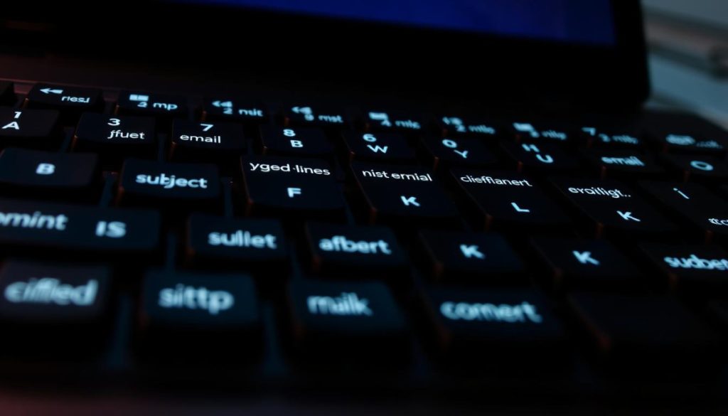 A High-Contrast, Close-Up View Of A Computer Keyboard With A Variety Of Curious, Eye-Catching Email Subject Lines Displayed On The Keys. The Subject Lines Should Convey A Sense Of Mystery, Intrigue, And Cliffhanger, Drawing The Viewer In To Open And Read The Email. The Keyboard Is Well-Lit, With Dramatic Shadows And Highlights, Creating A Moody, Cinematic Atmosphere. The Depth Of Field Is Shallow, Keeping The Subject Lines In Sharp Focus While Blurring The Background, Which Should Be A Neutral, Minimalist Backdrop To Avoid Distractions. The Overall Composition Should Feel Balanced And Visually Compelling, Guiding The Viewer'S Attention To The Intriguing Subject Lines.