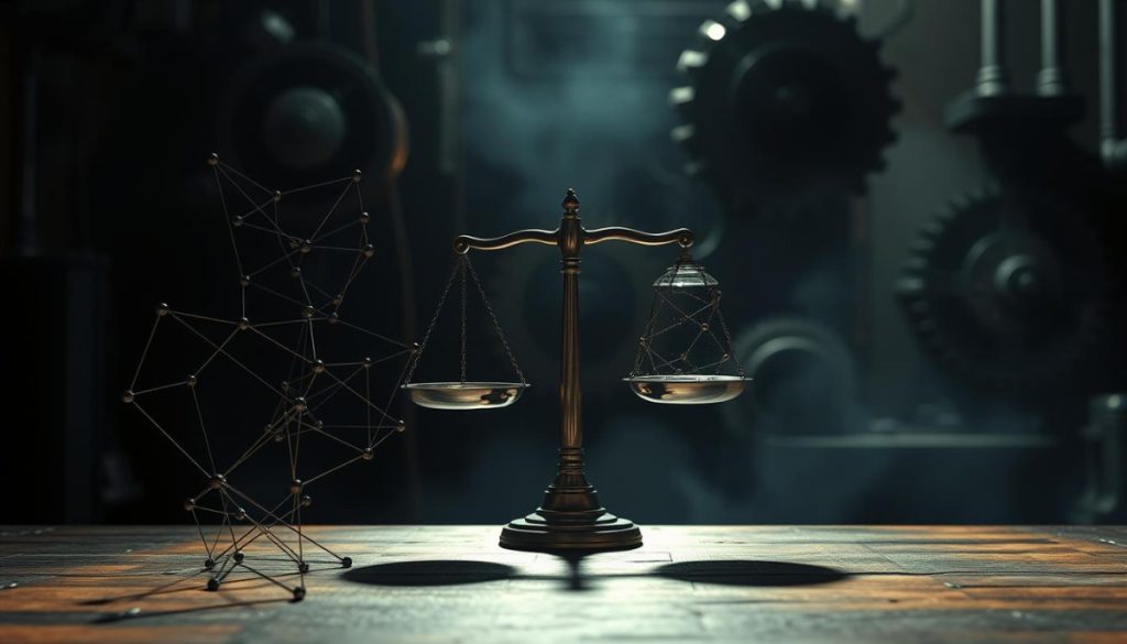 A High-Contrast, Detailed Illustration Depicting The Trade-Offs Between Ai Accuracy And Computational Complexity. In The Foreground, A Complex Neural Network Diagram With Intertwining Nodes And Connections, Representing The Intricacies Of Ai Models. In The Middle Ground, A Set Of Scales Balancing Accuracy Metrics On One Side And Resource Utilization On The Other, Symbolizing The Tension Between Performance And Efficiency. In The Background, A Shadowy, Industrial-Like Setting With Gears And Mechanical Elements, Hinting At The Underlying Computational Machinery Powering The Ai. The Lighting Is Dramatic, With Harsh Shadows And Highlights, Conveying A Sense Of Technical Sophistication And The Gravity Of The Choices Involved In Optimizing Ai Systems.