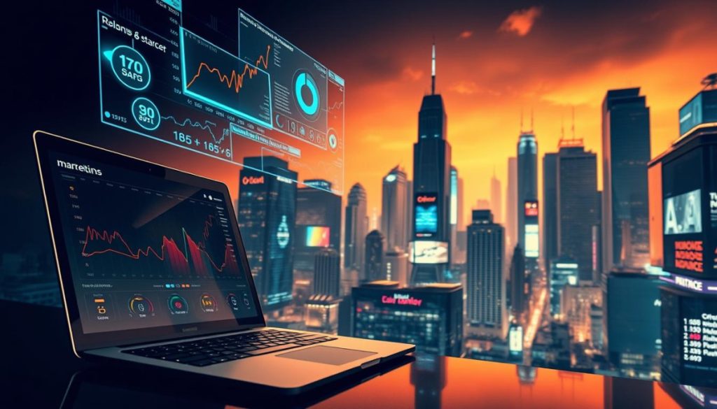 A High-Contrast, Hyper-Realistic Digital Marketing Landscape. In The Foreground, A Sleek Laptop Displays An Analytics Dashboard, Its Screen Reflecting The User'S Focused Gaze. Hovering Above Are Holographic Data Visualizations, Glowing With Neon Hues. The Middle Ground Features A Bustling Social Media Interface, With Dynamic Icons And Fluid Gestures. In The Background, A Cityscape Of Towering Skyscrapers, Their Facades Adorned With Digital Billboards And Cascading Data Streams. Warm, Directional Lighting Casts Dramatic Shadows, Creating A Sense Of Depth And Technological Sophistication. The Overall Atmosphere Is One Of Innovation, Efficiency, And The Seamless Integration Of Digital Strategy With The Physical World. A High-Contrast, Hyper-Realistic Digital Marketing Landscape. In The Foreground, A Sleek Laptop Displays An Analytics Dashboard, Its Screen Reflecting The User'S Focused Gaze. Hovering Above Are Holographic Data Visualizations, Glowing With Neon Hues. The Middle Ground Features A Bustling Social Media Interface, With Dynamic Icons And Fluid Gestures. In The Background, A Cityscape Of Towering Skyscrapers, Their Facades Adorned With Digital Billboards And Cascading Data Streams. Warm, Directional Lighting Casts Dramatic Shadows, Creating A Sense Of Depth And Technological Sophistication. The Overall Atmosphere Is One Of Innovation, Efficiency, And The Seamless Integration Of Digital Strategy With The Physical World.