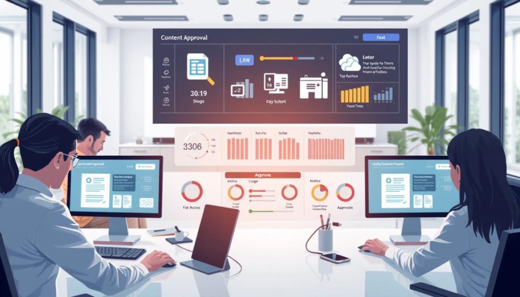 A High-Fidelity Digital Illustration Depicting A Content Approval Workflow. In The Foreground, A Team Of Professionals Carefully Reviewing Digital Documents And Multimedia Assets On Their Computer Screens, With Icons And Interfaces Representing The Different Stages Of The Approval Process. In The Middle Ground, A Central Control Panel With Toggles, Indicators, And Visual Progress Bars, Showcasing The Workflow In Real-Time. In The Background, A Clean, Minimalist Office Setting With Large Windows, Allowing Natural Light To Flood The Scene And Create A Sense Of Transparency And Efficiency. The Overall Atmosphere Is One Of Structured Organization, Attention To Detail, And A Commitment To Ensuring The Integrity Of The Content Being Approved.