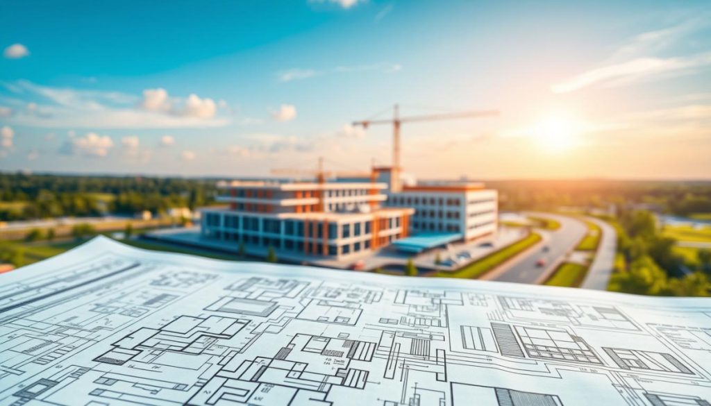 A High-Impact Construction Case Study Design Features A Detailed, Technical Blueprint In The Foreground, Showcasing The Project'S Architectural Plans And Engineering Schematics. The Middle Ground Depicts A Vibrant 3D Rendering Of The Completed Construction Site, With A Focus On The Project'S Key Features And Innovative Design Elements. The Background Subtly Blends Verdant Landscaping, Clear Skies, And A Warm, Golden Lighting That Evokes A Sense Of Progress And Accomplishment. Captured With A Wide-Angle Lens To Provide A Comprehensive, Panoramic View, This Scene Conveys The Scale, Complexity, And Visual Impact Of A Truly Standout Construction Case Study.