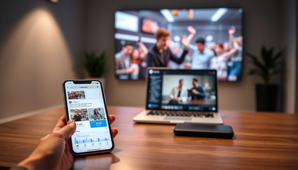 A High-Impact Digital Pr Campaign, Showcased In A Modern, Minimalist Setting. In The Foreground, A Sleek Mobile Device Displays An Engaging Social Media Post, Its Interface Clean And Intuitive. The Middle Ground Features A Laptop With An Analytics Dashboard, Highlighting Key Performance Metrics. In The Background, A Large Wall-Mounted Display Showcases A Successful Viral Video, Its Dynamic Visuals Captivating The Viewer. The Lighting Is Soft And Directional, Creating Depth And Emphasizing The Technological Components. The Overall Atmosphere Conveys A Sense Of Professionalism, Innovation, And The Ability To Generate Media-Worthy Campaigns That Capture Attention And Drive Results.