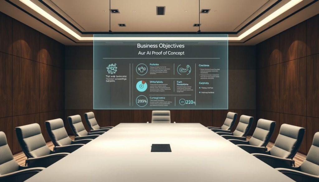 A High-Level, Expertly-Lit Conference Room, With A Large Table And Comfortable Chairs Arranged In A Professional, Boardroom-Style Setup. A Sleek, Minimalist But Elegant Design, With Clean Lines And Neutral Tones, Conveying A Sense Of Productivity And Focus. Suspended Above The Table, A Holographic Display Projects A Series Of Well-Defined Business Objectives For An Ai Proof Of Concept, Represented By Clean, Modern Infographics And Data Visualizations. The Lighting Is Soft And Diffused, Creating A Warm, Reflective Atmosphere That Encourages Collaborative Discussion And Strategic Planning. A High-Level, Expertly-Lit Conference Room, With A Large Table And Comfortable Chairs Arranged In A Professional, Boardroom-Style Setup. A Sleek, Minimalist But Elegant Design, With Clean Lines And Neutral Tones, Conveying A Sense Of Productivity And Focus. Suspended Above The Table, A Holographic Display Projects A Series Of Well-Defined Business Objectives For An Ai Proof Of Concept, Represented By Clean, Modern Infographics And Data Visualizations. The Lighting Is Soft And Diffused, Creating A Warm, Reflective Atmosphere That Encourages Collaborative Discussion And Strategic Planning.