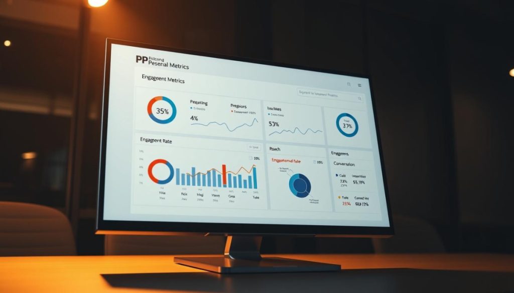 A High-Quality, Data-Driven Pr Engagement Metrics Dashboard Displayed On A Sleek, Modern Computer Monitor. The Dashboard Features Clear, Intuitive Visualizations Of Key Engagement Metrics Such As Reach, Impressions, Engagement Rate, And Conversion Rate, Presented In A Clean, Minimalist Style. The Display Is Illuminated By Warm, Focused Lighting, Creating A Professional, Business-Oriented Atmosphere. The Overall Composition Emphasizes The Importance Of Data-Driven Decision-Making In Effective Pr Campaigns, Reflecting The Article'S Focus On The Significance Of Engagement Quality Measurement In Public Relations.