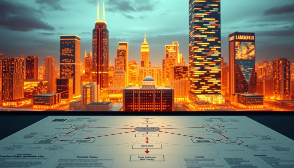 A High-Resolution, Hyperrealistic Image Of A Comprehensive Data Governance Strategy Blueprint. In The Foreground, A Meticulously Designed Data Flow Diagram With Interconnected Nodes, Illustrating How Data Is Collected, Processed, And Distributed Across The Organization. The Middle Ground Features A 3D Model Of A Modern Office Building, Representing The Enterprise-Wide Implementation Of The Governance Framework. In The Background, A Cityscape With Towering Skyscrapers Bathed In Warm, Directional Lighting, Symbolizing The Scale And Impact Of Effective Data Governance On The Business. The Scene Conveys A Sense Of Order, Precision, And Strategic Foresight, Capturing The Essence Of A Transformative Data Governance Strategy.