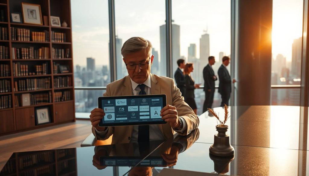 A High-Resolution, Hyperrealistic Image Of A Corporate Office Scene With A Large Window Overlooking A Bustling City Skyline. In The Foreground, A Senior Executive Is Seated At A Sleek, Modern Desk, Carefully Examining A Tablet Device Displaying Various Brand Identity Assets And Protection Strategies. The Lighting Is Warm And Directional, Creating A Sense Of Focus And Professionalism. The Middle Ground Features Bookshelves Filled With Legal Tomes And Framed Artwork, Hinting At The Intellectual Property Concerns. In The Background, A Team Of Lawyers And Branding Specialists Is Engaged In A Collaborative Discussion, Underscoring The Importance Of Comprehensive Brand Identity Protection In The Ai-Driven Era.