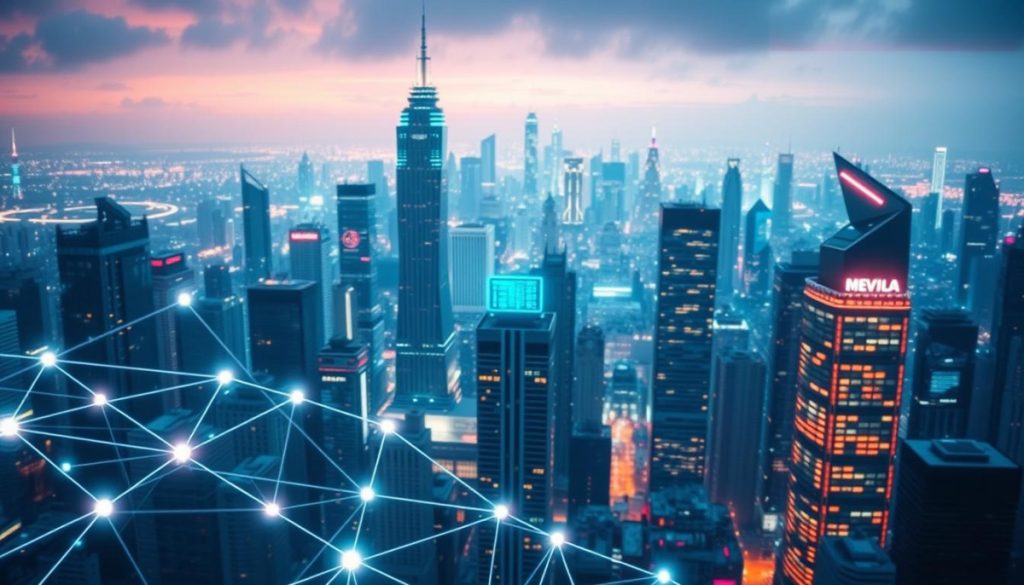 A High-Tech Cityscape, Gleaming With Futuristic Skyscrapers And Pulsing With Digital Energy. In The Foreground, A Network Of Glowing Lines And Geometric Shapes Represents The Interconnected Web Of Digital Transformation Strategies. The Middle Ground Features Virtual Interfaces And Holographic Displays, Showcasing The Integration Of Cutting-Edge Technologies. The Background Is A Vibrant, Neon-Tinged Skyline, Hinting At The Boundless Potential Of The Digital Era. Soft, Diffused Lighting Creates A Sense Of Dynamism And Progress, While A Cinematic Depth Of Field Draws The Viewer'S Eye Through The Layers Of This Visionary Scene.