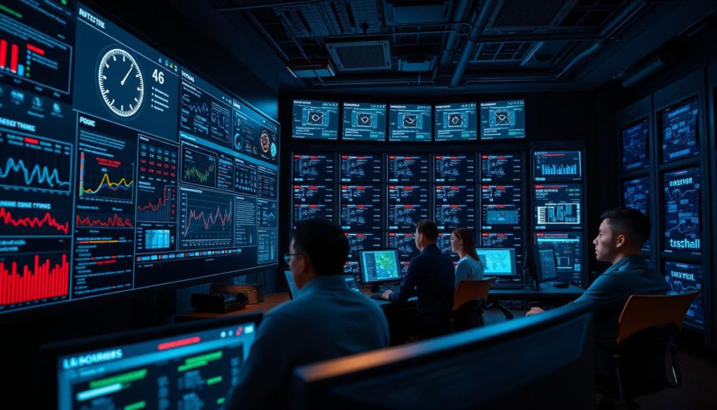 A High-Tech Control Room With Advanced Ai Detection Tools And Cybersecurity Equipment. In The Foreground, A Large Display Shows A Complex Dashboard With Real-Time Analytics, Threat Detection Algorithms, And Data Visualization. The Middle Ground Features A Team Of Analysts Intently Studying The Screens, Their Expressions Intense As They Monitor For Any Signs Of Ai-Driven Disinformation. In The Background, A Wall Of Additional Screens And Servers Hums With Activity, Casting A Cool, Technical Glow Over The Scene. Dramatic Lighting Casts Shadows, Emphasizing The Serious Nature Of The Task At Hand. The Overall Atmosphere Is One Of Vigilance, Technological Prowess, And The Urgency To Protect Against The Spread Of Misinformation.