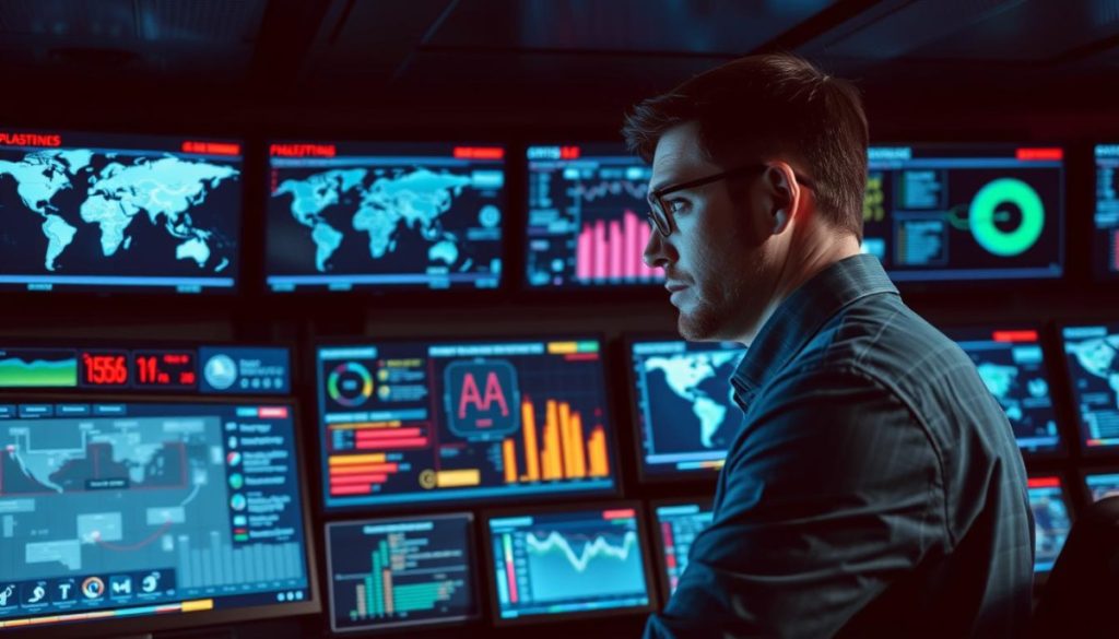 A High-Tech Control Room With Multiple Screens Displaying Real-Time Data And Analytics. In The Foreground, An Operator Intently Studying A Large Central Display, Their Expression Focused And Alert. Surrounding Them, An Array Of Smaller Screens Providing Detailed Visualizations Of Crisis Hotspots, Threat Levels, And Early Warning Indicators. The Lighting Is A Cool, Subdued Tone, With Strategic Highlights On The Screens To Enhance Visibility. The Composition Emphasizes The Sense Of Heightened Situational Awareness, Conveying The Ai-Powered System'S Ability To Rapidly Identify And Respond To Emerging Issues Before They Escalate.