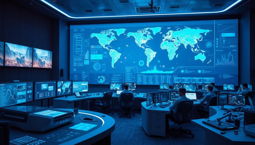 A High-Tech Crisis Control Room, With Holographic Displays, Ai-Powered Dashboards, And Teams Of Specialists Monitoring Real-Time Data Feeds. Ambient Blue Lighting Casts A Cool Glow, While Large Screen Panels Showcase Live Footage And Analytics. In The Foreground, A Sleek, Curved Console With Touchscreen Interfaces Allows For Quick Decision-Making And Response Coordination. The Middle Ground Features Ergonomic Workstations Occupied By Focused Operators, Their Faces Illuminated By The Soft Glow Of Their Monitors. In The Background, A Vast Wall-Mounted Visualization Depicts A Global Crisis Map, With Data Points And Indicators Pulsing To Signal Emerging Situations. The Overall Atmosphere Conveys A Sense Of Advanced, Cutting-Edge Crisis Management Capabilities.